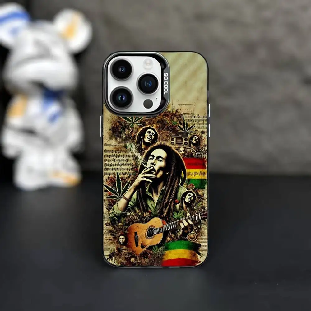 حافظة هاتف B-Bob M-Marley Singer لهاتف iPhone 16,15,14,13,12,11,Mini,Pro,MAX غطاء أسود غير لامع مقاوم للصدمات