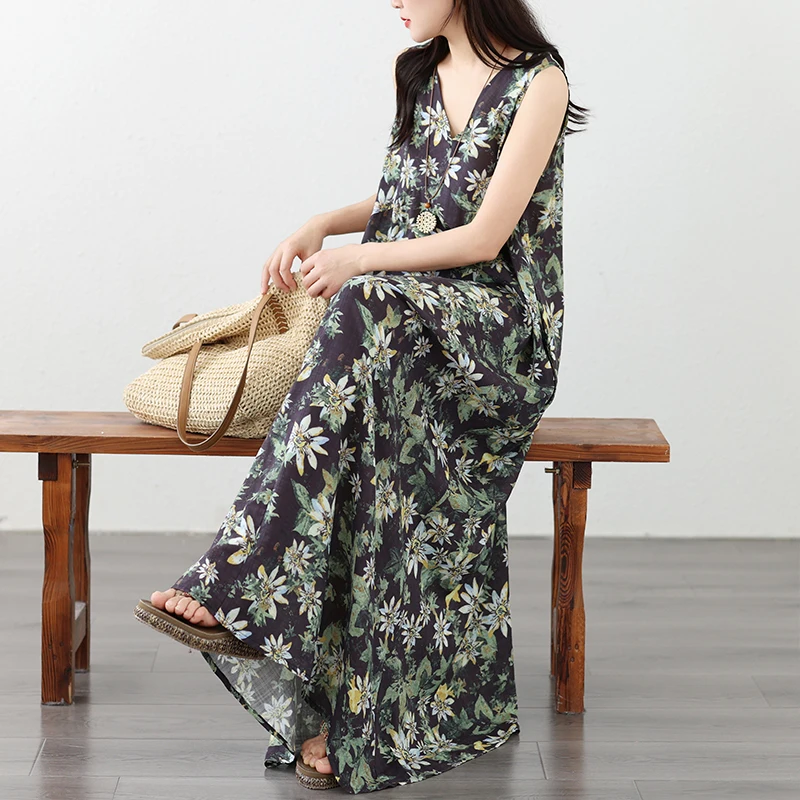 

Summer Thin Cotton Flower New Design V-neck Minimalist Elegance Slimming Sleeveless Long Dress Artistic Style Loose Fit Citywalk