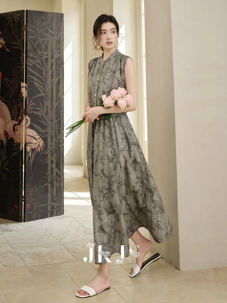 

New Chinese Sle irt Set Handmade Linen Embroidery Luxury Sensation JKJS【Ink Fluff】Women's Faion