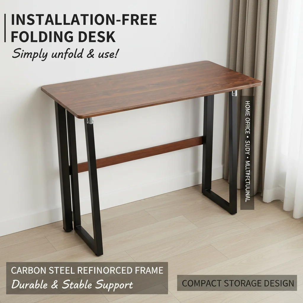 

100x49x75cm Foldable Table Carbon Steel + Particle Board, Space Saving Folding Desk for Home Office Laptop Writing, Brown