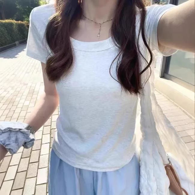 Women's Short Sleeves Front Shoulder Short-sleeved T-shirt Women's Inner Bottoming Shirt Slim Top Summer 2026 New Collarbone Bea