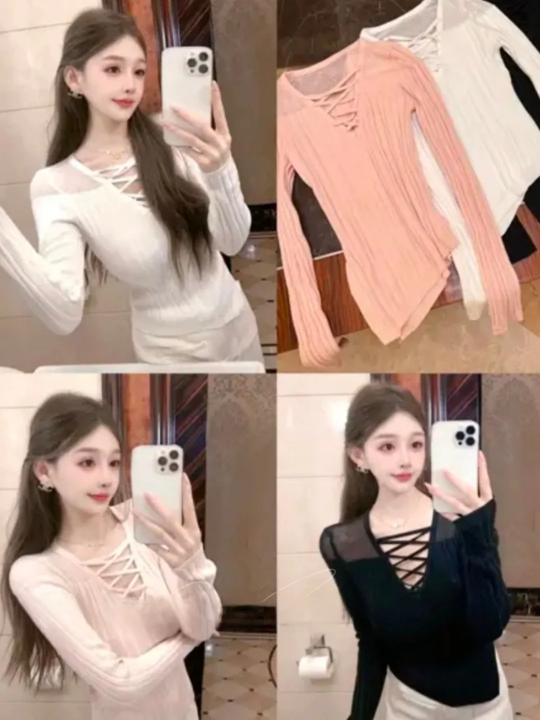 

Slim Fit Long Sleeve Knitted V-Neck Hollow out Design Pure Color Women's Base Shirt Versatile Stylish Hot Girl Knitwear