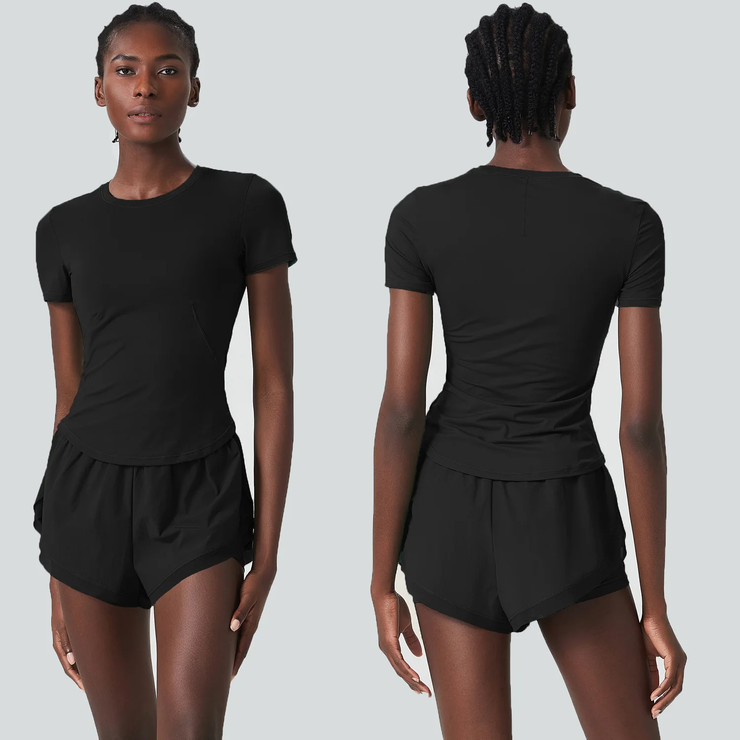 طقم يوجا للياقة البدنية للسيدات مكون من قطعتين ملابس رياضية صيفية قصيرة بلون سادة قابلة للتنفس سريعة الجفاف بدلة جري خارجية ملابس رياضية #3