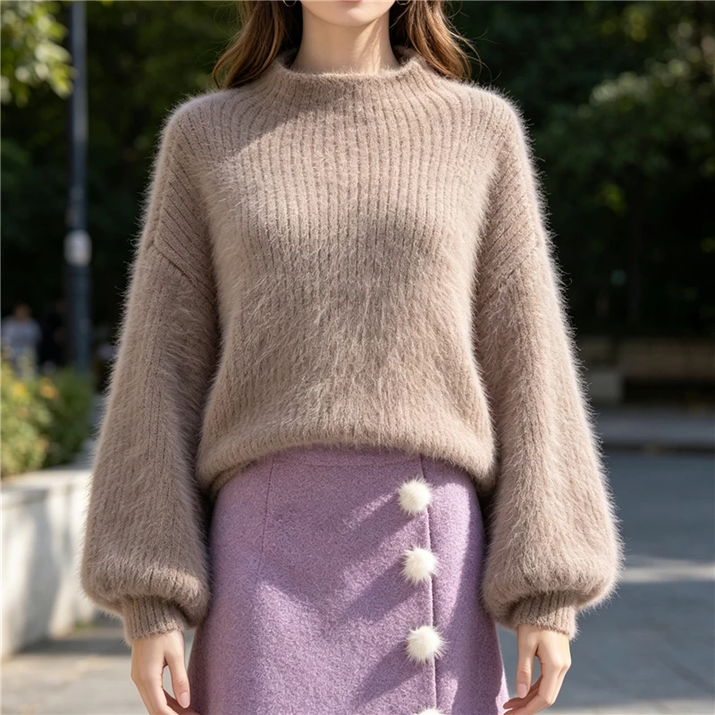 

Women Mujer Spring Autumn Thick Warm Hairy Angora Rabbit hair Knitted Mock Neck Long Lantern Sleeves Loose Pullover Sweater Pull