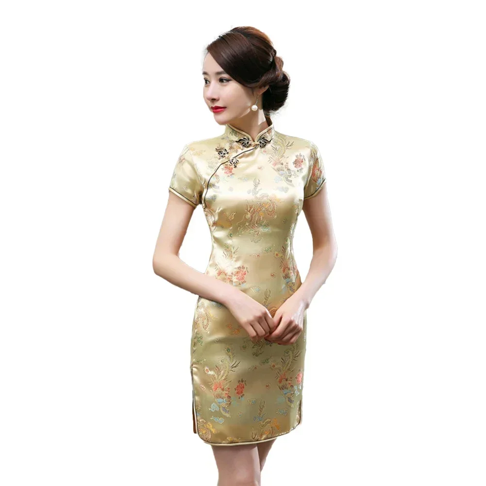 Cheongsam Slim ชุดซาตินสําหรับปาร์ตี้ทุกวัน High Slit เครื่องแต่งกาย Cheongsam Elegant ยืดเล็กน้อย