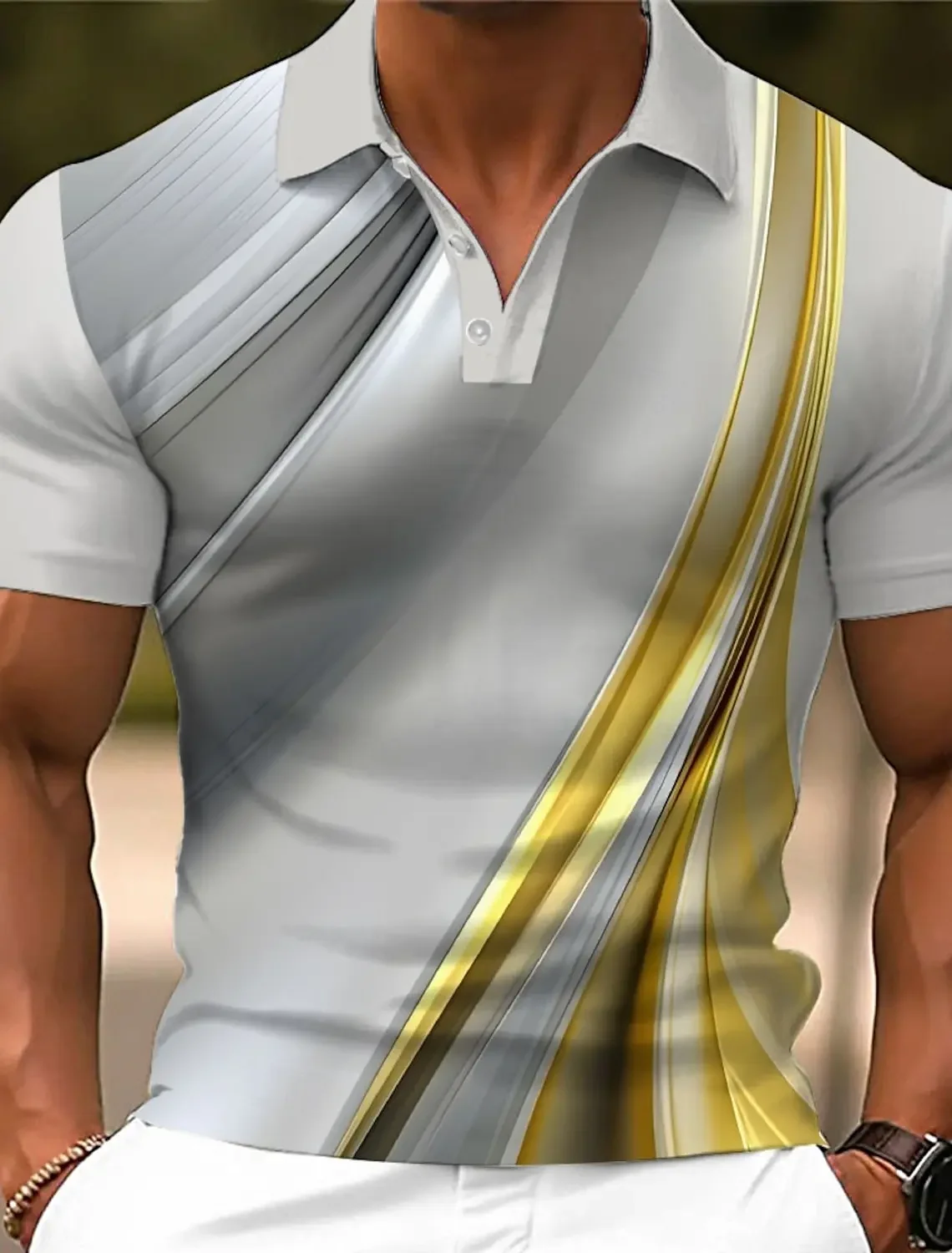 

2025 Men's Geometic Line Polo Short Lapel Golf Shirt Short Sleeved Printed Button Clothing Fashion Design Casual Breathable