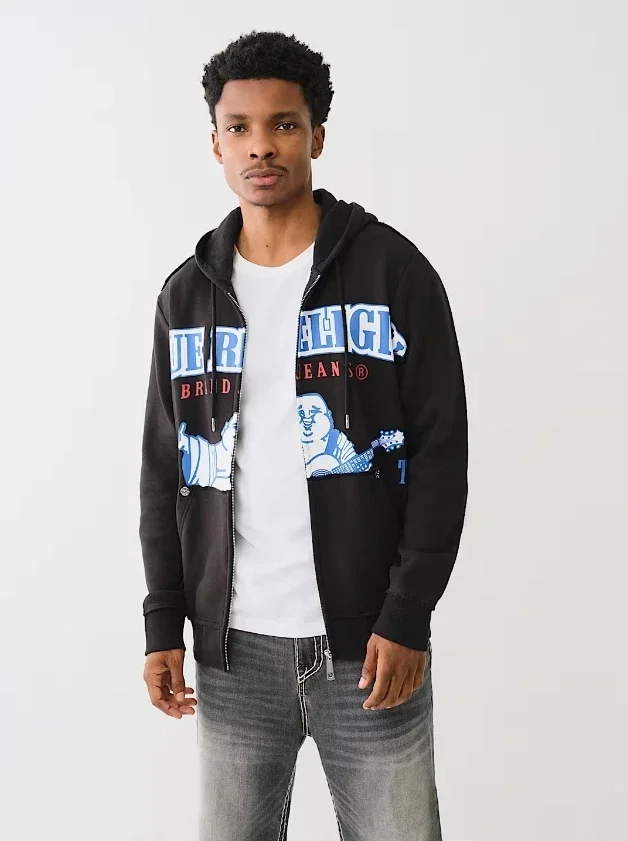 

Harajuku Fashion Guitar Buddha Logo Hoodie Men Y2k Pattern Casual Loose 2025 American Retro Zip Hoodie Streetwear Sweatshirt