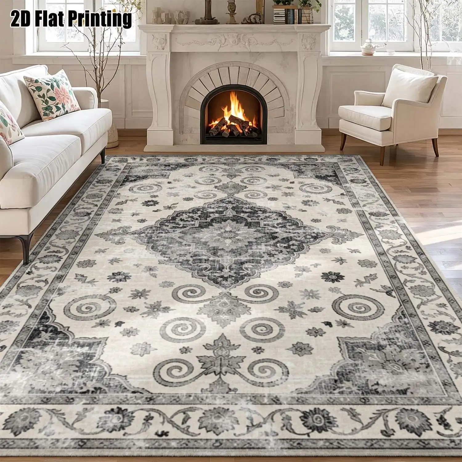 1Pc 2D Printed Gray&White Retro Floral Carpet, European Style, Geometric Pattern, Home Decor, Multi-Size, Machine Washable, for Living Room, Bedroom, Dining Room, Entrance, Study