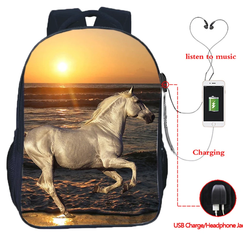 Grande Capacidade Correndo Cavalos Mochila, USB Charge, Saco de Viagem para Adolescentes, Escola Secundária Schoolbag, Laptop, 16"