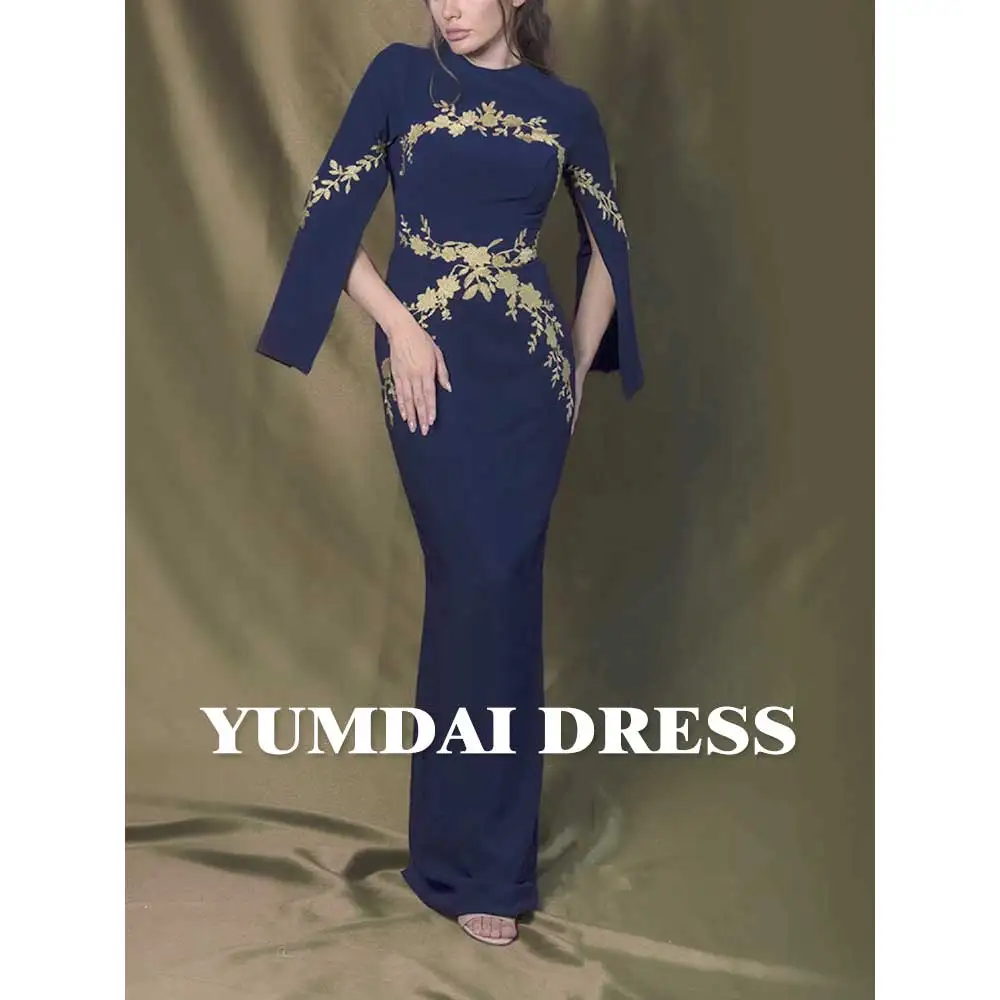 YUMDAI Navy Arabian Cape Sleeve Evening Dress 2023 Elegant Lace Mermaid Wedding Party Formal Guest Dress Special Occasion Outfit