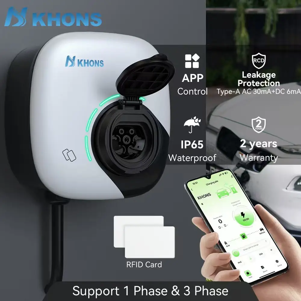 Khons Type2 EV-Ladestation Version 22KW Intelligente Elektrofahrzeug-Ladestation TS-NACS Type1 GB/T Stecker EVSE Wandbox WIFI APP