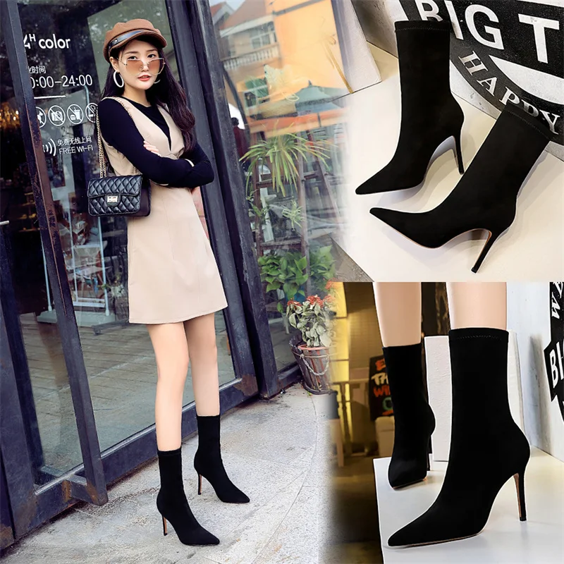 

Women Sexy Mid-Calf Boots Stretch Socks Boots Suede Tip High Heels 9.5CM Autumn Winter Boots Black Women Boots sexy nightclub 7