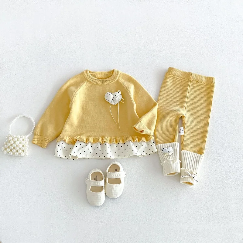 2026 Autumn Baby Girls Knit 2Pcs Set Polka Dot Heart Patch Mock Hem Top Ruffle Cuff Leggings Soft Toddler Sweet Matching Outfit