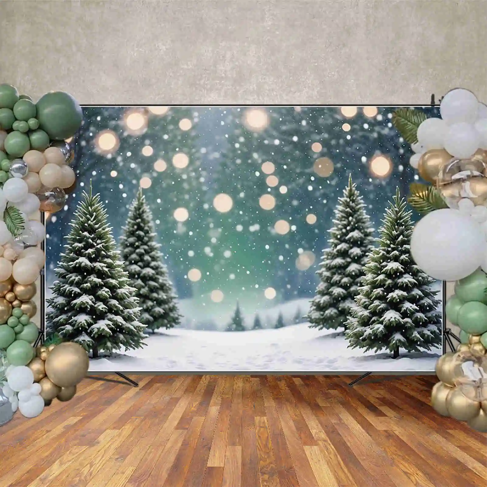 MOON.QG 2025 Christmas Pine Tree Backdrop Field Bokeh Outdoor Winter Snow Backgrounds Custom Party Decoration Photography Props