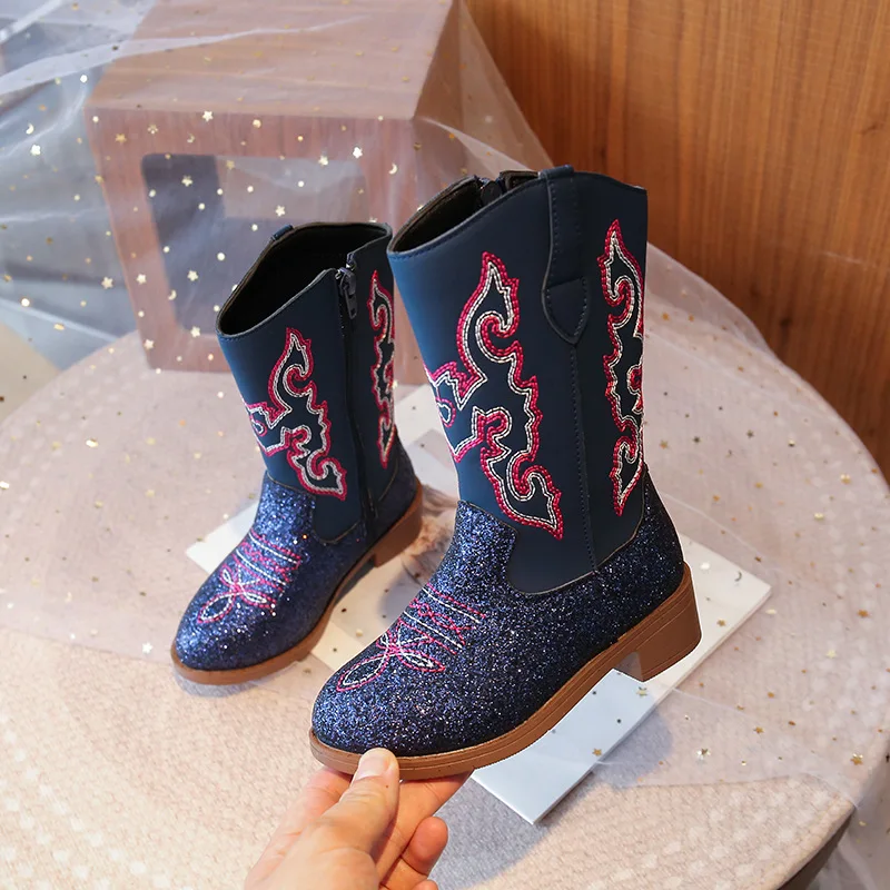 Princess Boots Girls Winter Fashion Long Tube Boot Embroidered Fleece Western Style Children's Warm Boot Toddler Girls Botas