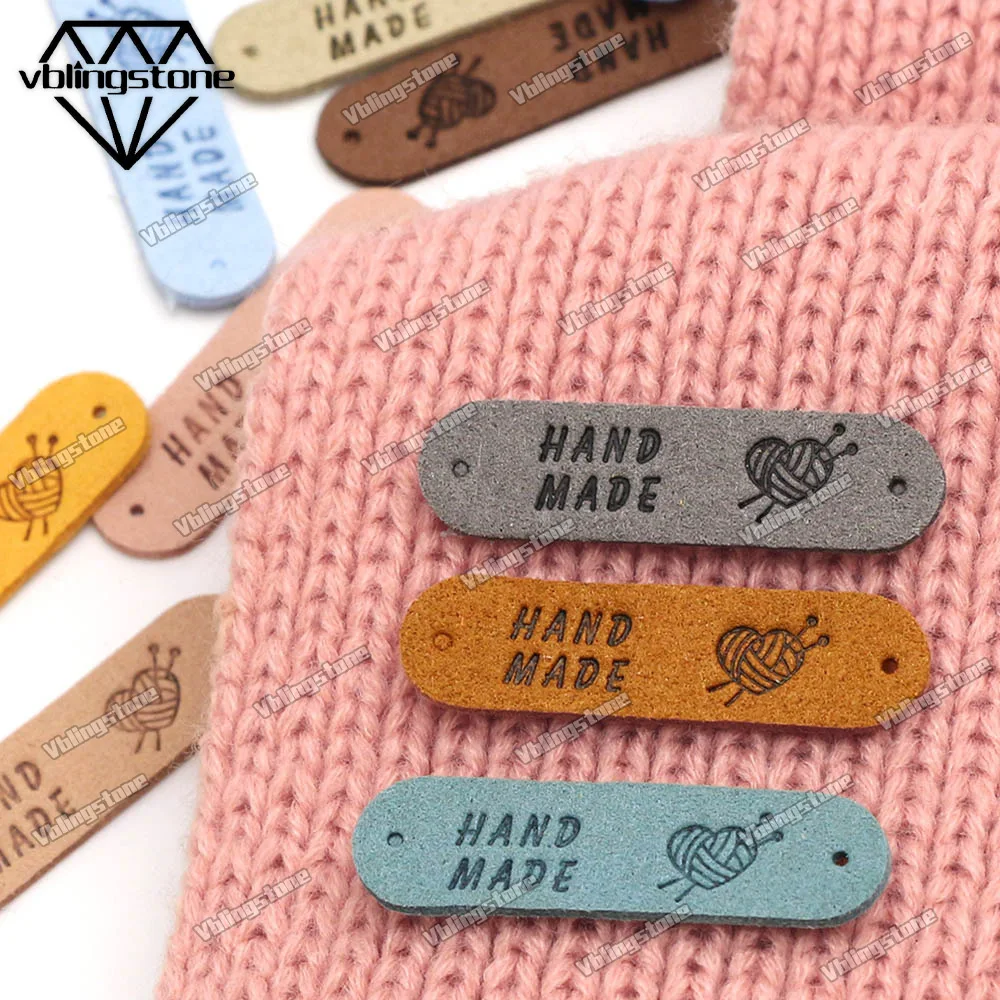 20Pcs Knitted Yarn Pattern Leather Label For Handmade Colorful Hand Made Labels for Clothes Love Sew Label DIY Bags Hats