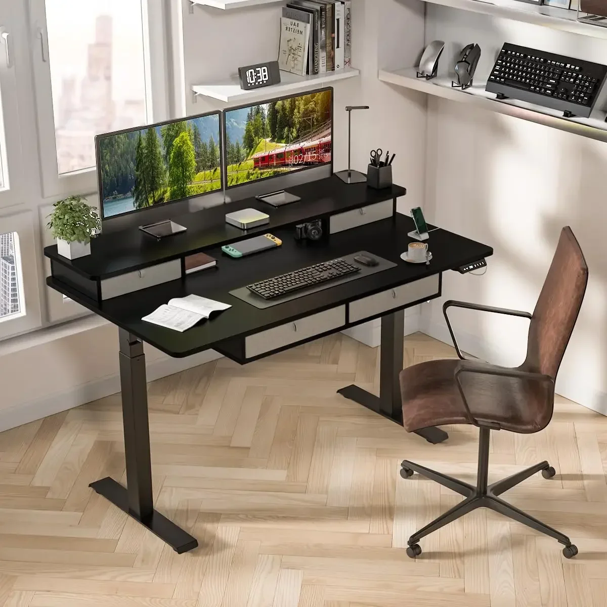 55 x 30 Inch Electric Standing Desk with 4 Drawers, Adjustable Height Computer Desk for Home Office, Large, Customized