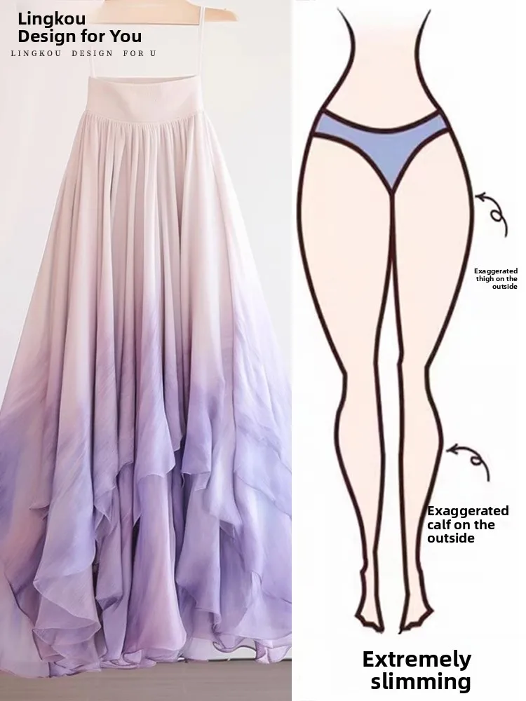 

Summer Dopane Purple adient Dyed A-Line Skirt Women's Small Fraance Sle f-length Skirt with Lace Hem High Waist