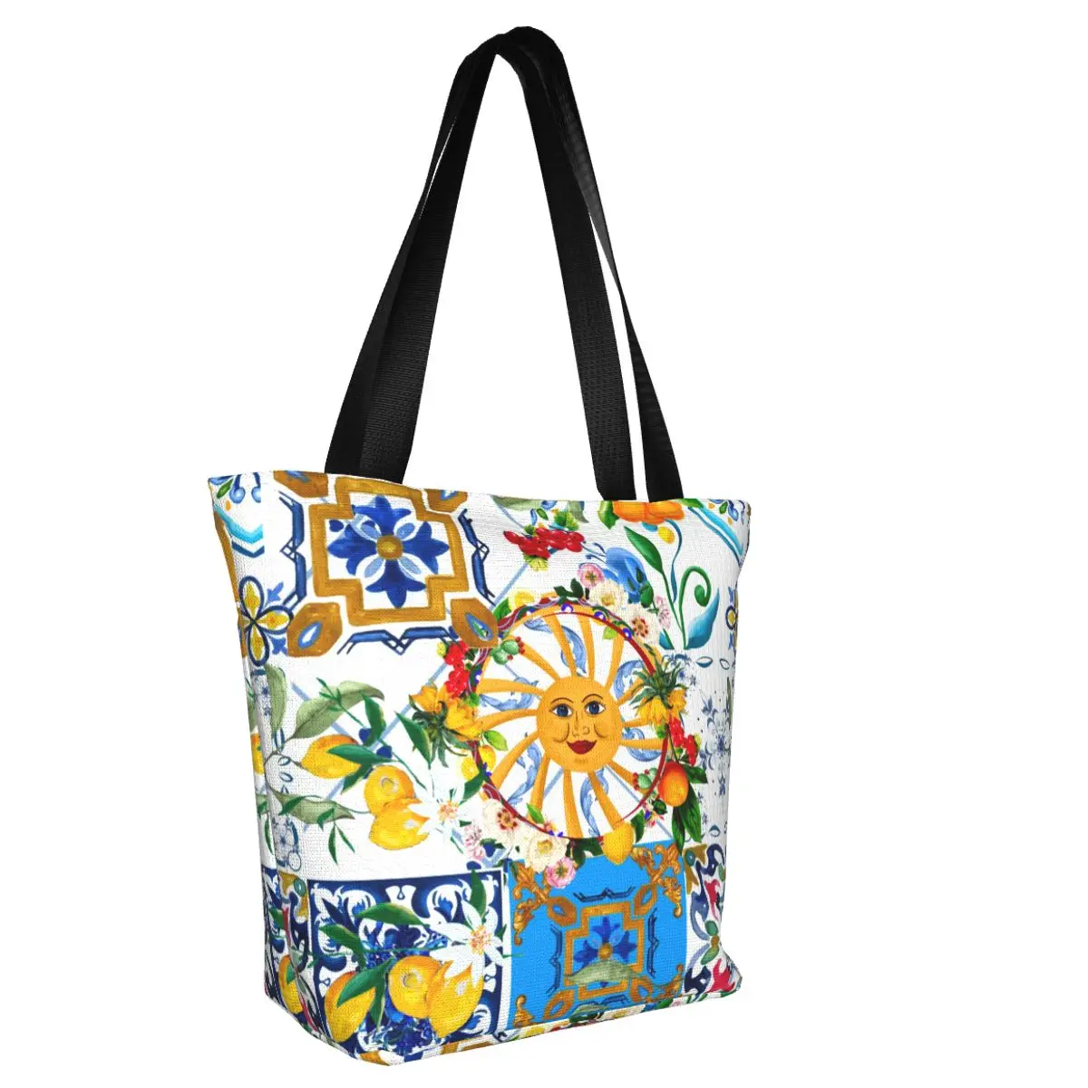 Aangepaste mode Siciliaanse tegels citroenen citrus mediterrane stijl boodschappentas herbruikbare boodschappen canvas shopper schoudertas