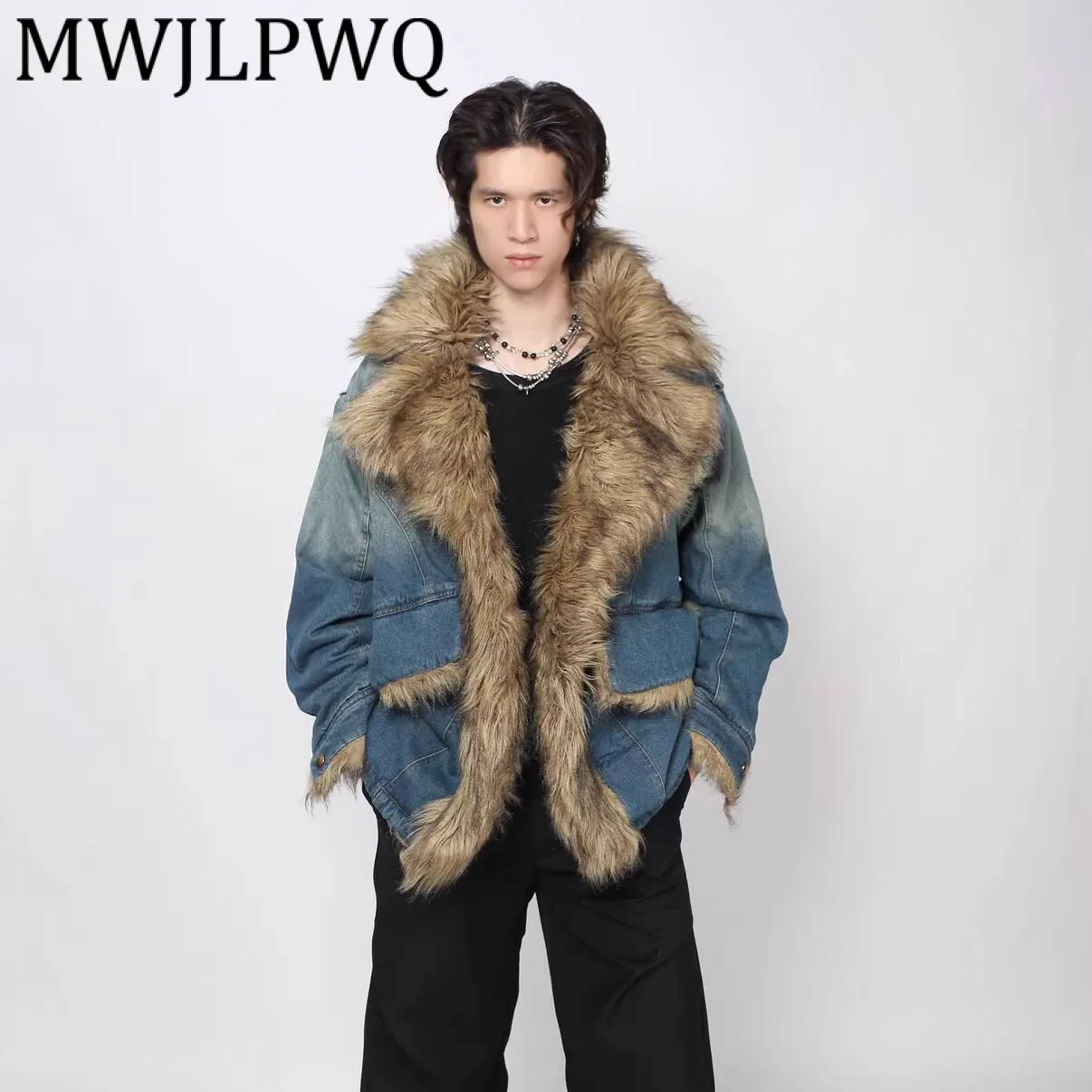 

MWJLPWQ Winter Warm Heavyweight Vintage Fur Collar Denim Cotton Coats Men's Trendy American Style Washed Chic Loose Coat 21846