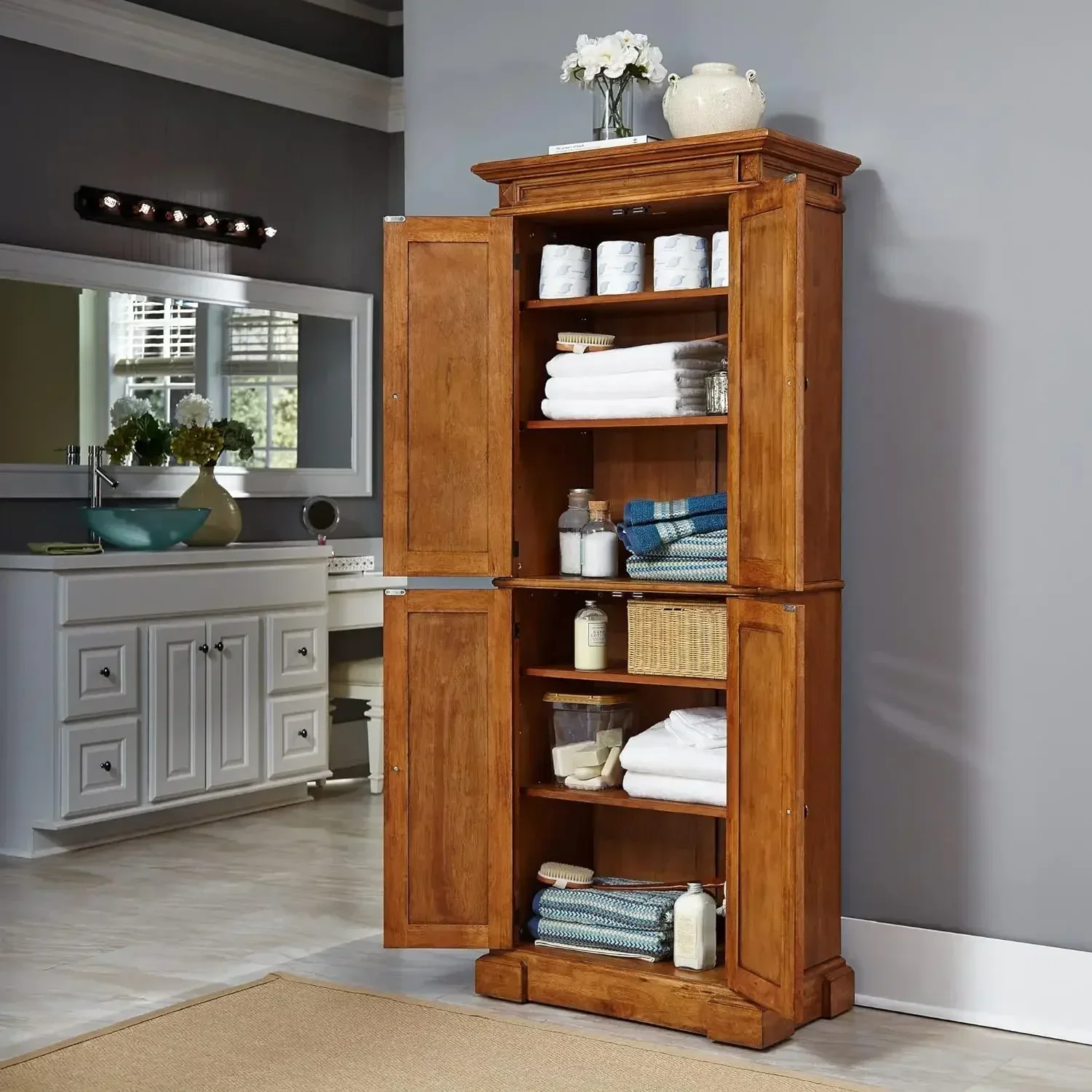 Storage Pantry with Drawer and Adjustable Shelves, Distressed Oak Oak, 72 Inches, High by 30 Inches Wide