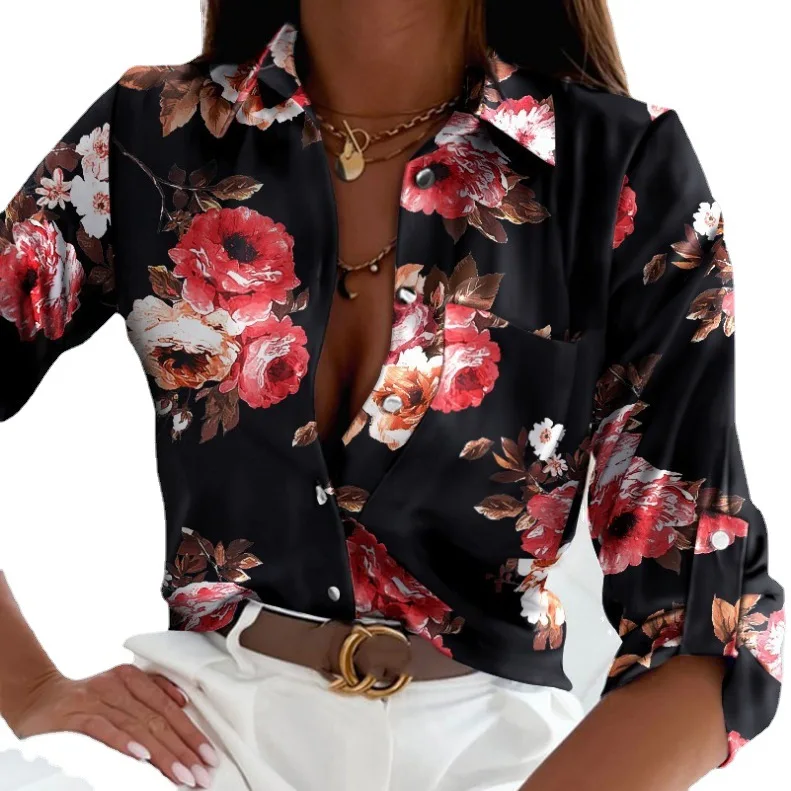 Women Elegant Button Blouse Shirt Office Ladies O Neck Print Blusa Tops Female Spring Long Sleeve Blouse Streetwear