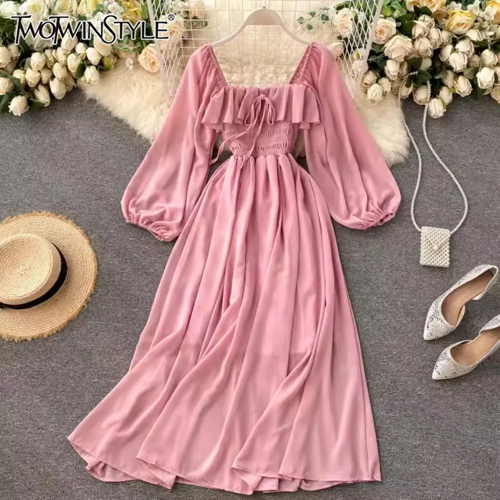 

TWOTWINSTYLE New Solid Elegant Dress For Women Square Collar Long Sleeve High Waist Temperament Dress Female Fashion KDR521975