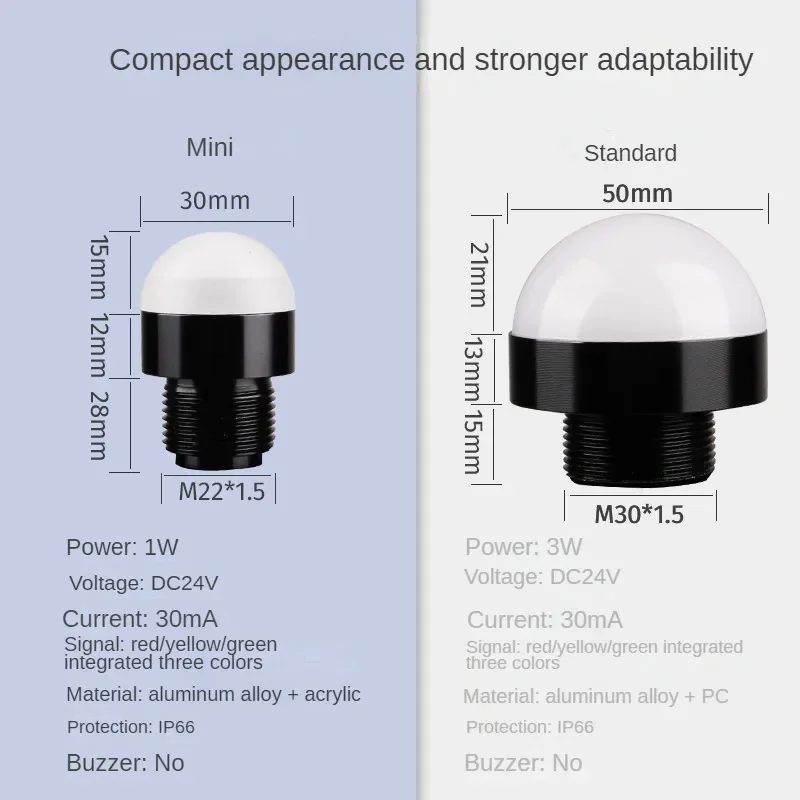 Dia30mm Mini 3-color LED Aluminum Signal Indicator Lamp For Machine Tool Equipment 24V IP66 Waterproof Oil-proof Warning Lamp