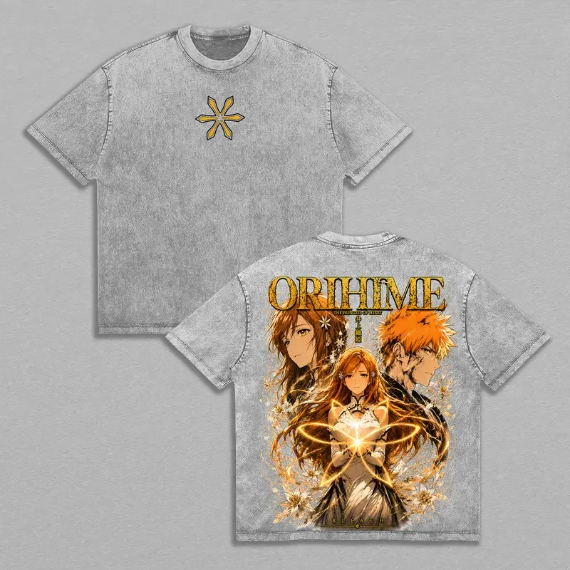 Fashion Anime BLEACH Inoue Orihime T-shirt Vintage Washed T Shirt Men Women Clothing Casual Oversized 100% Cotton Tees Tops