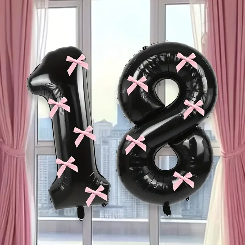 7pcs 32 inch black digital aluminum foil balloons with pink bows suitable for birthday and anniversary party decoration