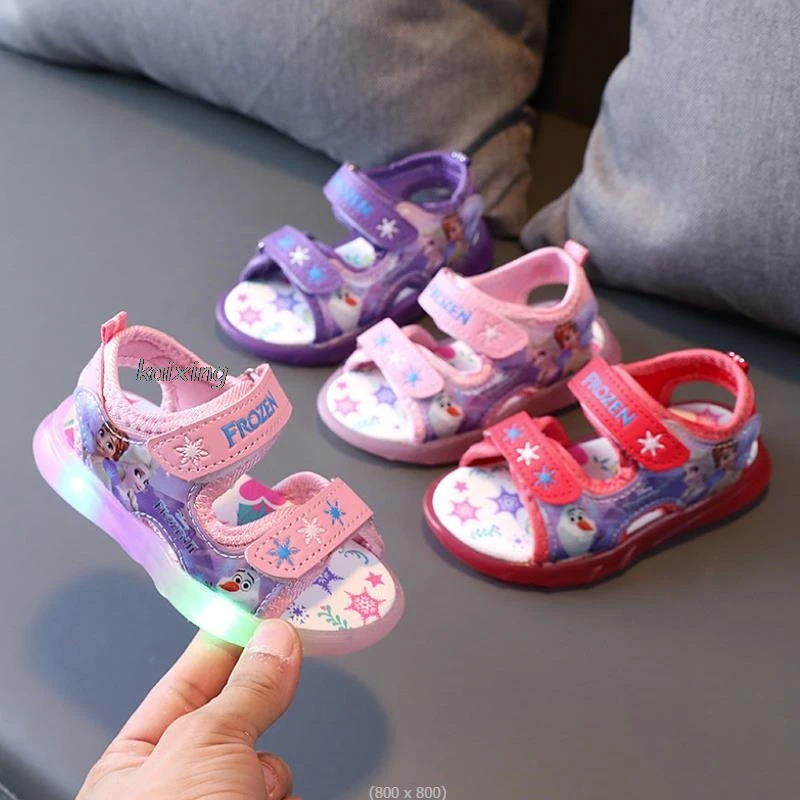 Led Light Girl Sandals Summer Shoes For Kids Baby Girls Sandals Frozen Elsa Princess Non Slip Beach Kids Flat Shoes