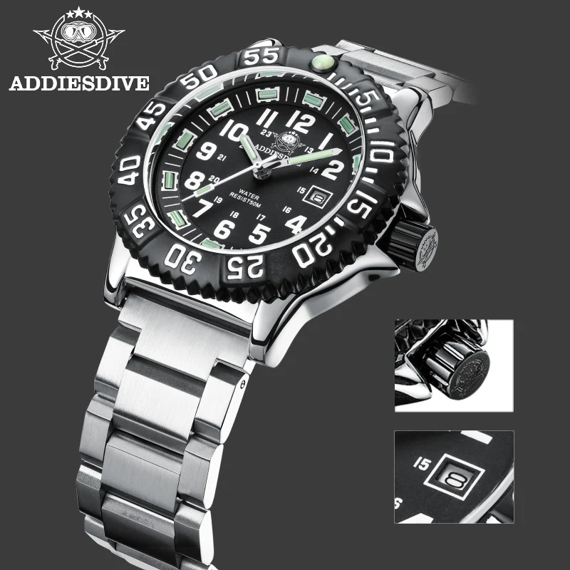 ADDIESDIVE Men\'s Quartz Watch Silver Steel Belt Wristwatches Vintage 50M Waterproof Super Luminous Watches High Quality relogio