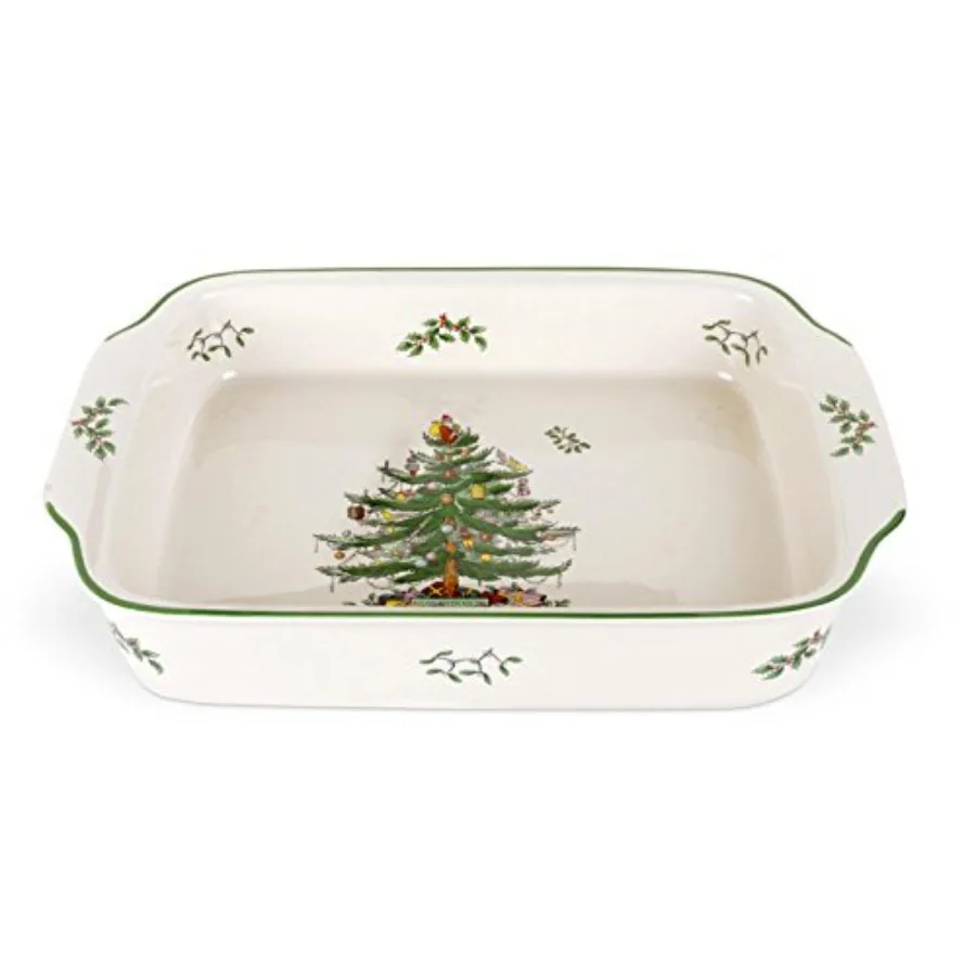 

Christmas Tree Large Rectangular Handled Dish Deep Baking Pan 15" x 11" Dishwasher Safe Festive Tableware for Holiday Entertain