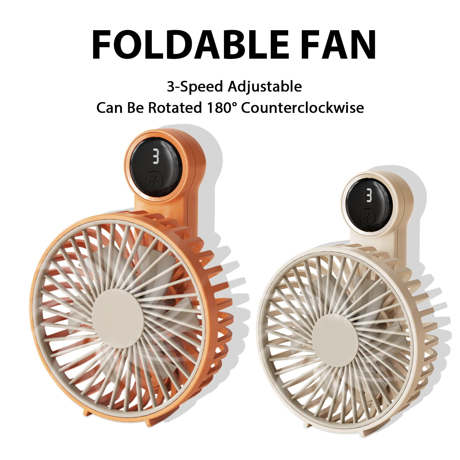 3-Speed LCD Display Desktop Fan, 180° Adjustable Handheld USB Fan, Foldable Mini Cooling Fan for Travel/Camping/Home
