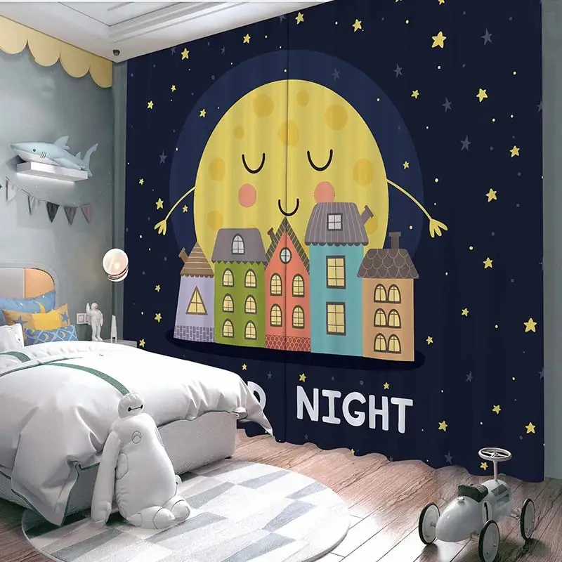 Cartoon High Shading Curtain Children\'s Room Boy Bedroom Astronaut New Bay Window Sunscreen Blackout Sound Insulation Drape 2Pcs