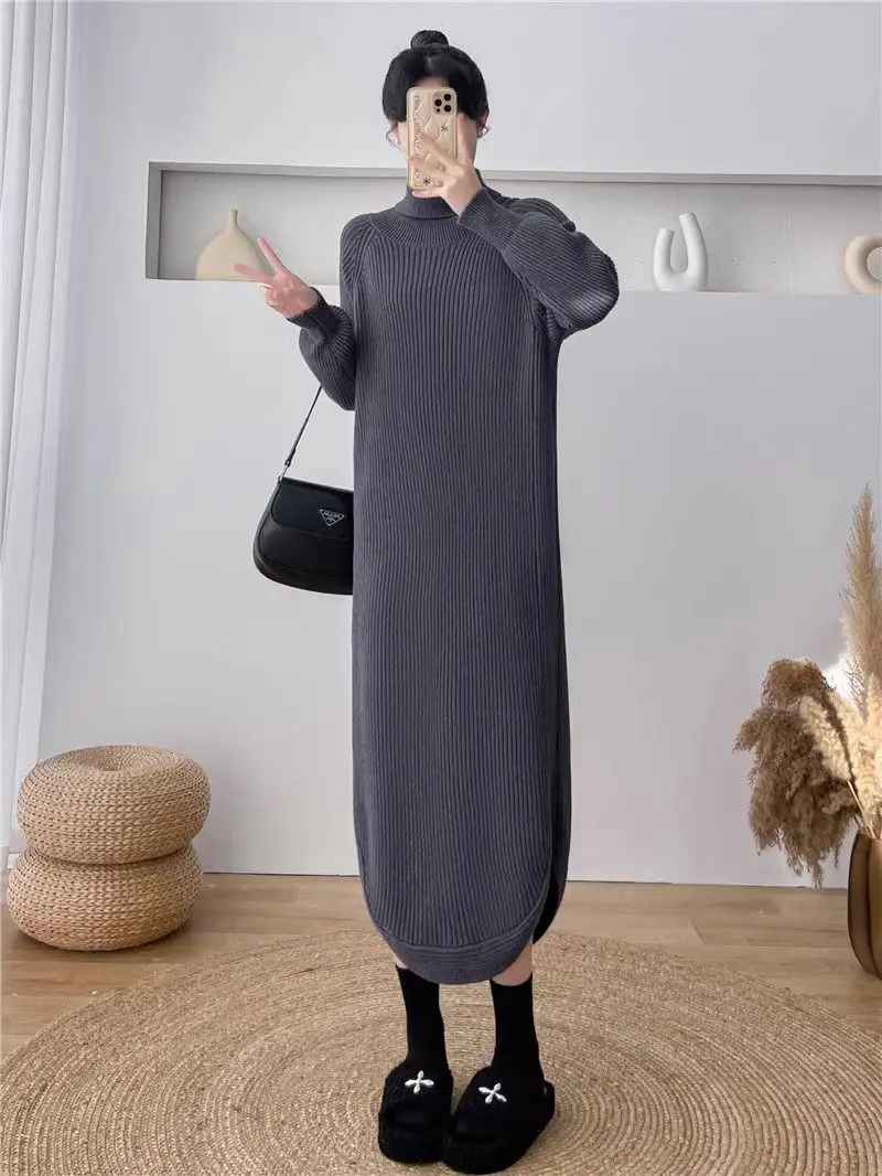 

High Neck Bottom Knit Dress For Women In Autumn And Winter Thickened And Loose Fitting Mid Length Straight Sweater Dress Z2716