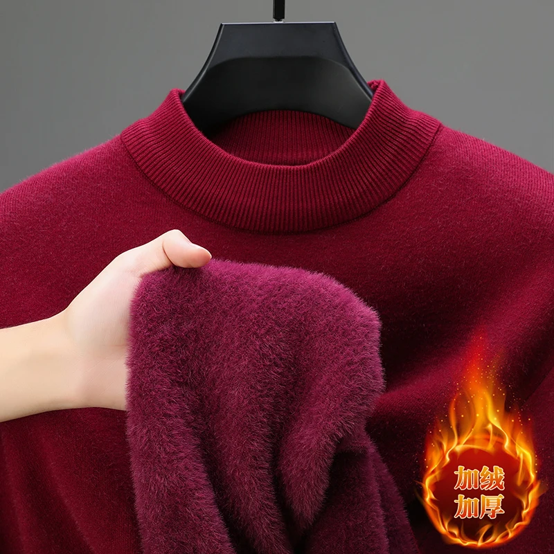 

Новинка 2025 года, зимний однотонный шерстяной свитер, мужской цельный флисовый свитер с воротником до половины высоты, утолщенный мужской свитер