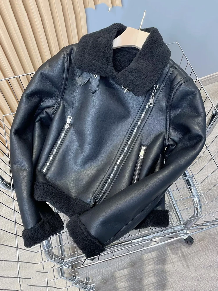 2023 Autumn Winter New Women Lamb Fur Leather Jacket Sheepskin Integrated Faux PU Waterproof Coat Motocycle Biker Outerwear