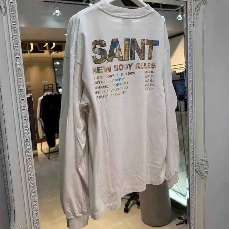 

25FW Новая футболка с длинным рукавом и буквенным принтом в стиле граффити High Street для мужчин и женщин, белая футболка с круглым вырезом премиум-качества