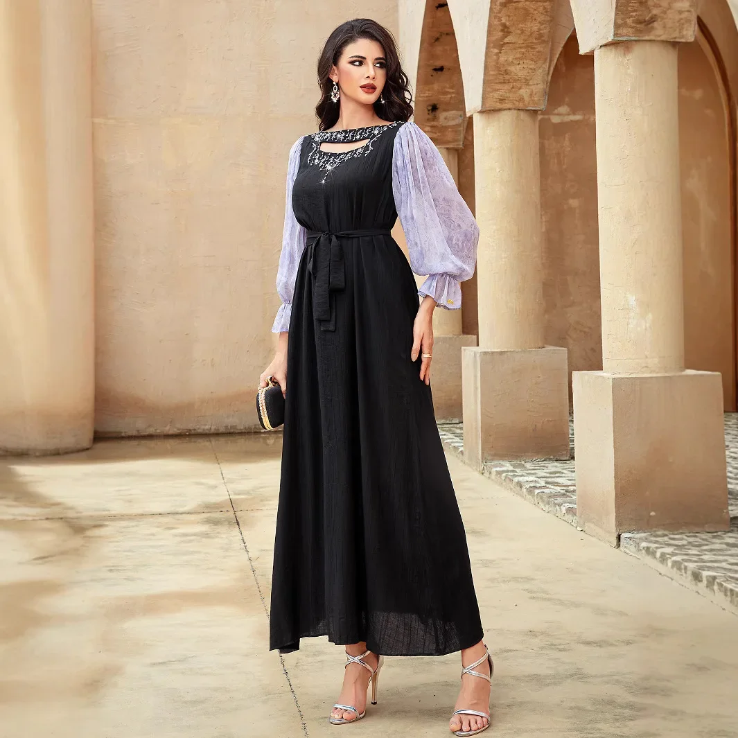 

Dubai Diamonds Print Abayas for Ramadan Women Muslim Dress Turkey Kaftan Eid Djellaba Islam Clothing Jalabiya Morocco Caftan New
