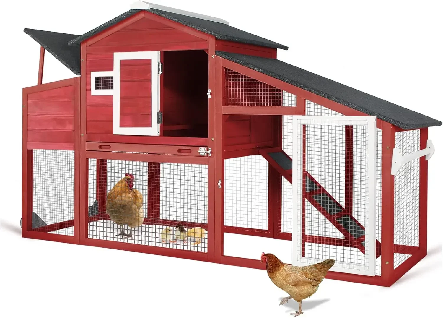 Chicken Coop Large Wooden Chicken Tractor with Wheels  Back Yard Chicken Coops with Run,  Secure Enclosure (Sloping Roof)