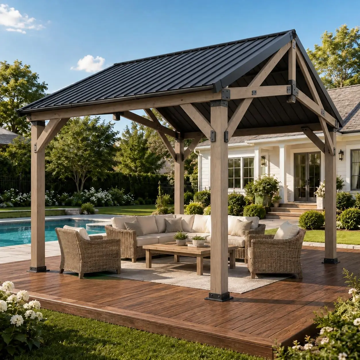 10x12 Hardtop Outdoor Gazebo with Cedar Wood Frame, Gable Roof Pavilion Featuring Sloped Metal Roof and Ceiling Hooks, Wooden Gazebo for Patio, Backyard, Deck, Garden, Poolside