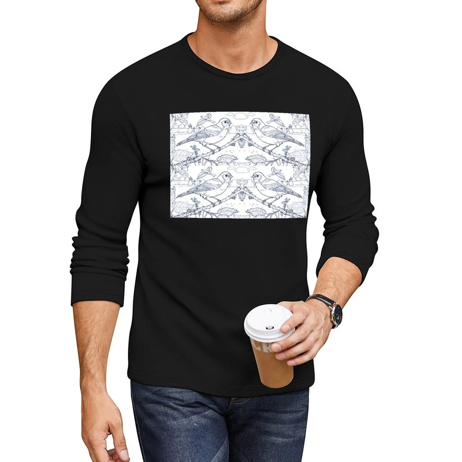 

Chaffinch Toile de Jouy Inspired Blue Long T-Shirt new edition t shirt tops graphic t shirts Men's cotton t-shirt