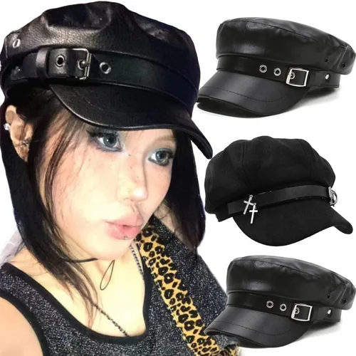 Imagen 1 del producto Boina Punk de estilo británico para mujer, boina de cuero PU Y2k con diseño de cruz gótica, gorra de pintor ajustable, sombrero de subcultura Unisex Retro