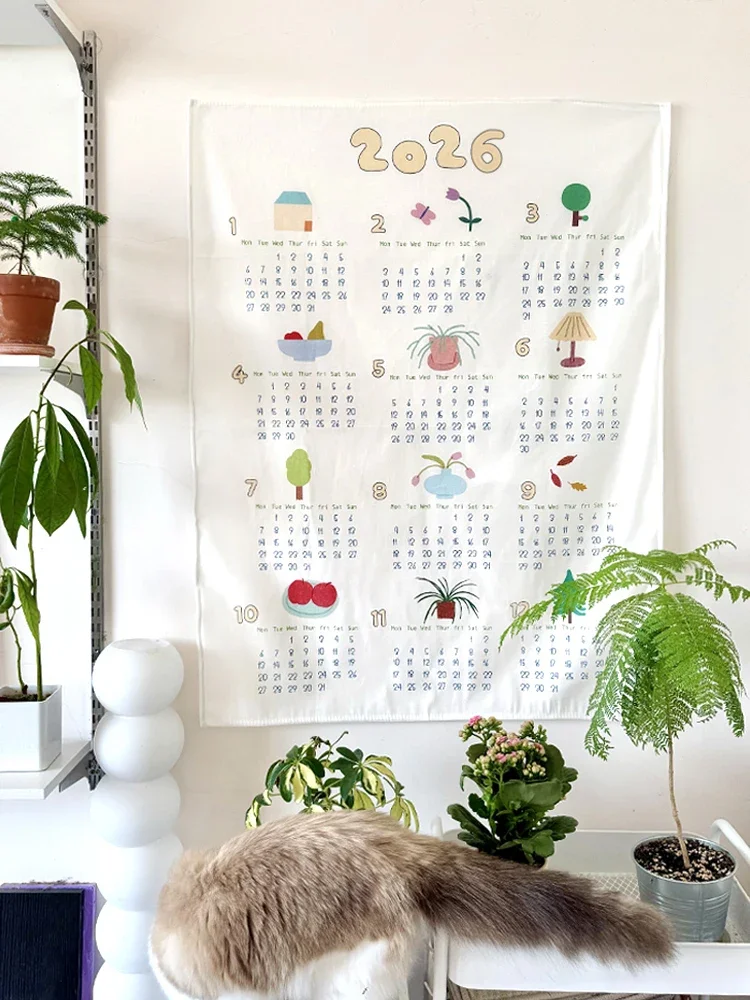 Cute Bedroom Wall Decorative Cloth 2026 Year Calendar Hanging Tapestry Korean Style Cartoon Motif Hand Washable Rectangular M...