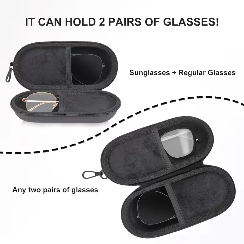 Double-layer eyeglass case, capable of holding two pairs of glasses, equipped with a snap fastener and a zipper closure