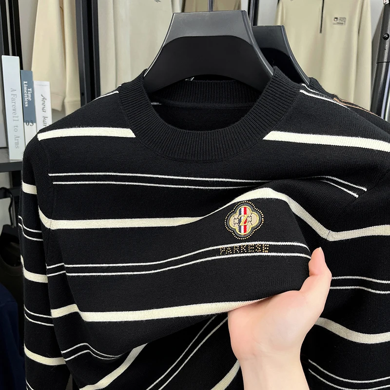 

Высококачественный роскошный трикотаж для мужчин, новинка 2025, осенне-зимний толстый полосатый трикотаж, мужская теплая базовая рубашка с внутренним слоем