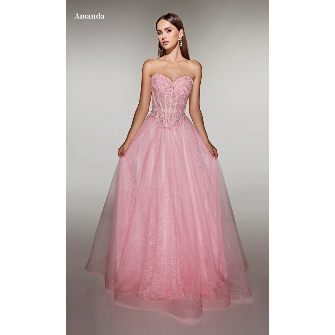 

Amanda Customized Blush Strapless Prom Dress Heart Neck Lace Decor Tulle Ball Gown vestidos de noche Slim Corset Formal Evening