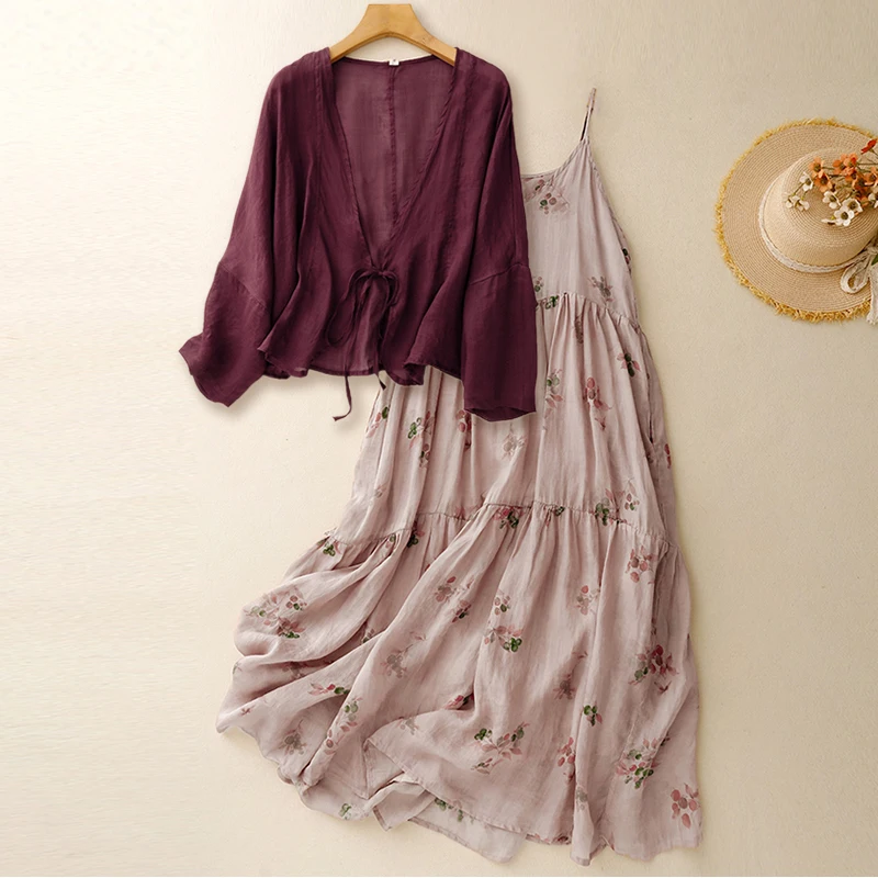 Retro Ethnic Style Button-Up Cardigan Floral Halter Dress Two-Piece Set Women's New Chinese Style Draping Autumn Fashion Set