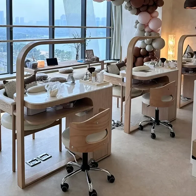 Japanese Solid Wood Nail Table Double Storage Vacuum Manicure Desk Salon Furniture Simple Economical Beauty Station Chair